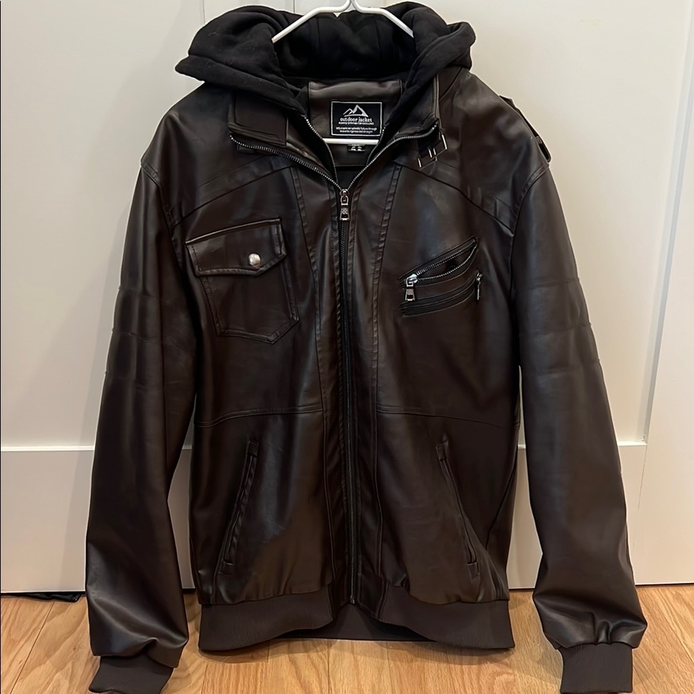 Men's Brown Faux-Leather Bomber Jacket with Removable Hood
